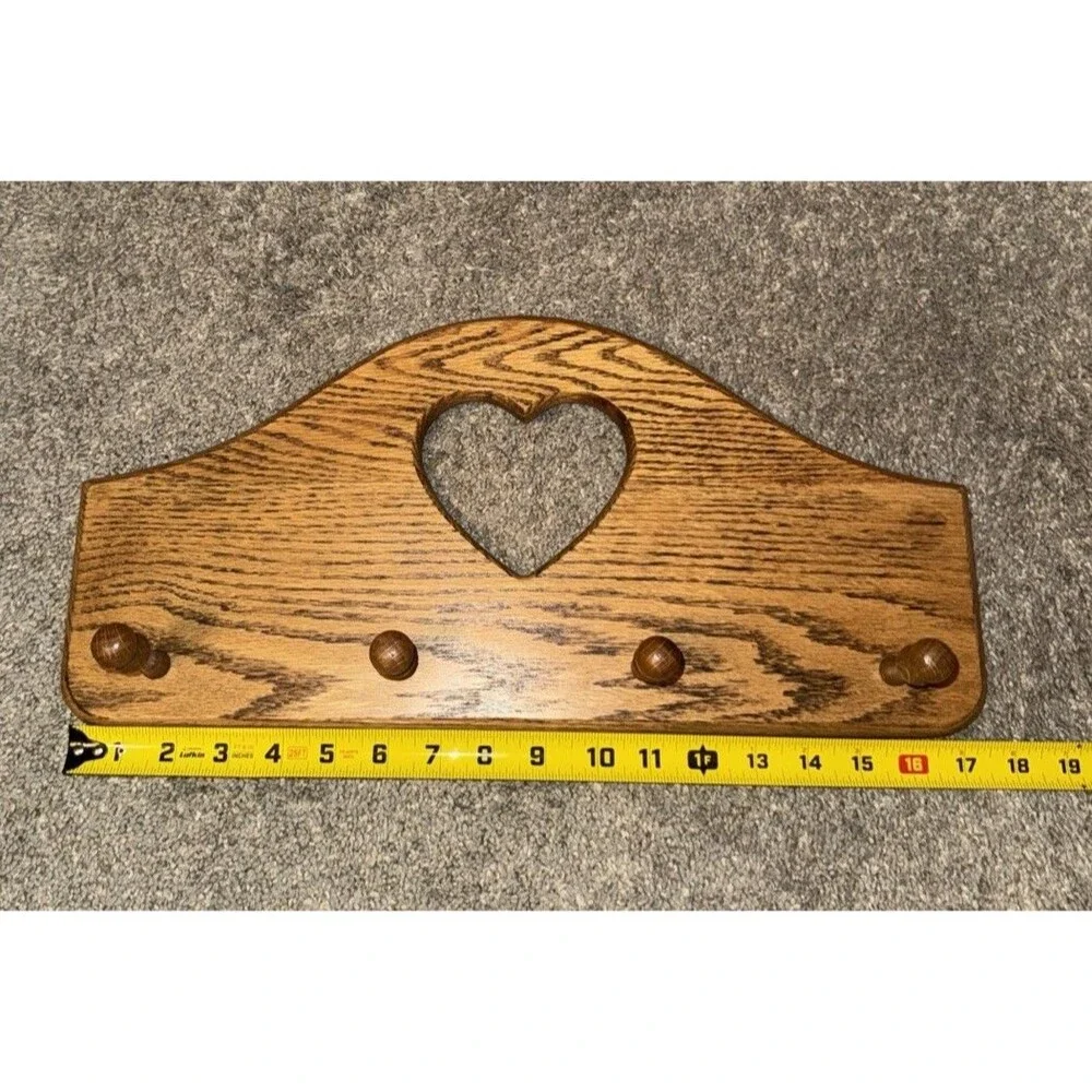 Vtg 4 Peg Oak Wood Heart Cutout Wall Hanging Coat Rack Country Rustic Cottage